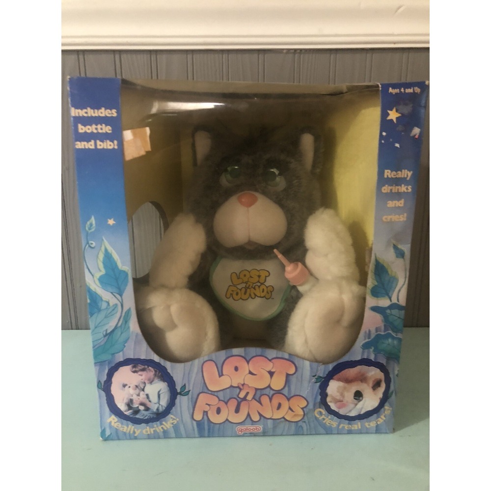NIB RARE VTG 1989 Galoob Lost n Founds Playful Kitty Stuffed Animal, Bib, Bottle
